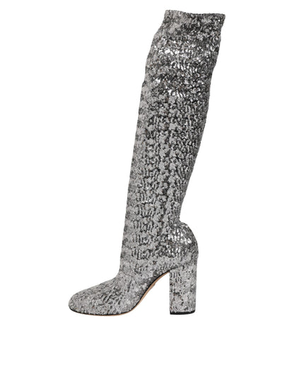 Dolce &amp; Gabbana Schuhe Silber Pailletten Glitter High Heel Boot Schuhe