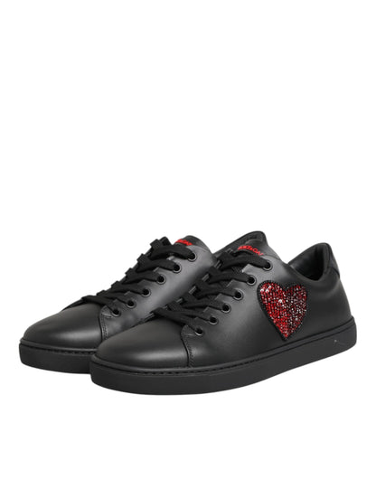 Dolce &amp; Gabbana Schwarze Leder Kristall Herz Low Top Sneakers Schuhe