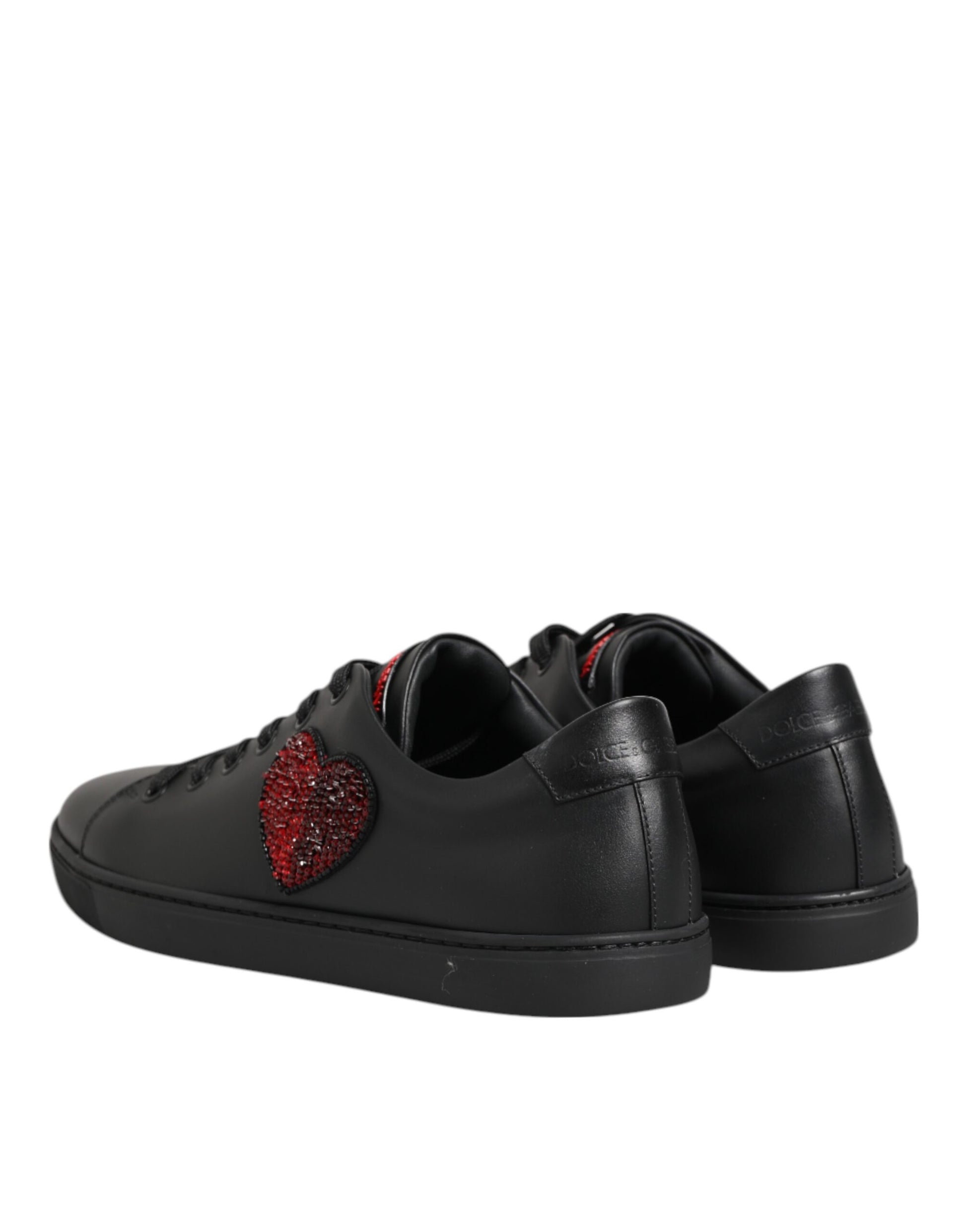 Dolce &amp; Gabbana Schwarze Leder Kristall Herz Low Top Sneakers Schuhe