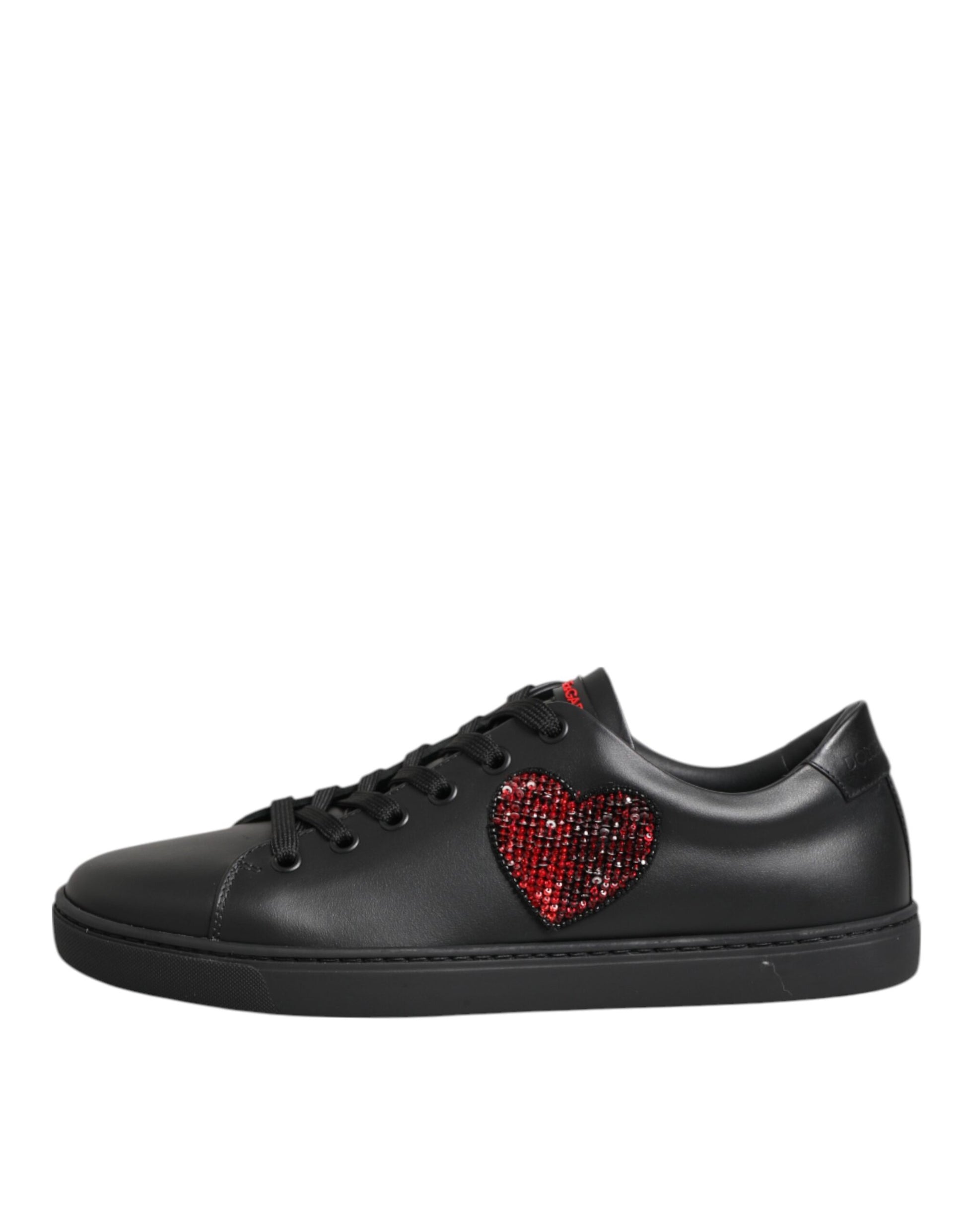 Dolce &amp; Gabbana Schwarze Leder Kristall Herz Low Top Sneakers Schuhe