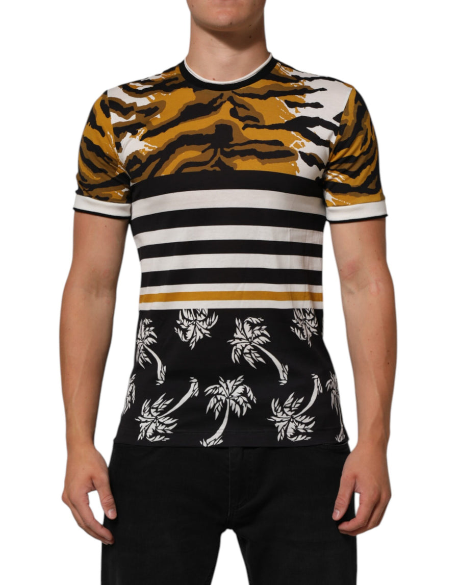 Dolce & Gabbana Mehrfarbiges T-Shirt mit Rundhalsausschnitt und Leopardenmuster in Palmenblättern für Herren