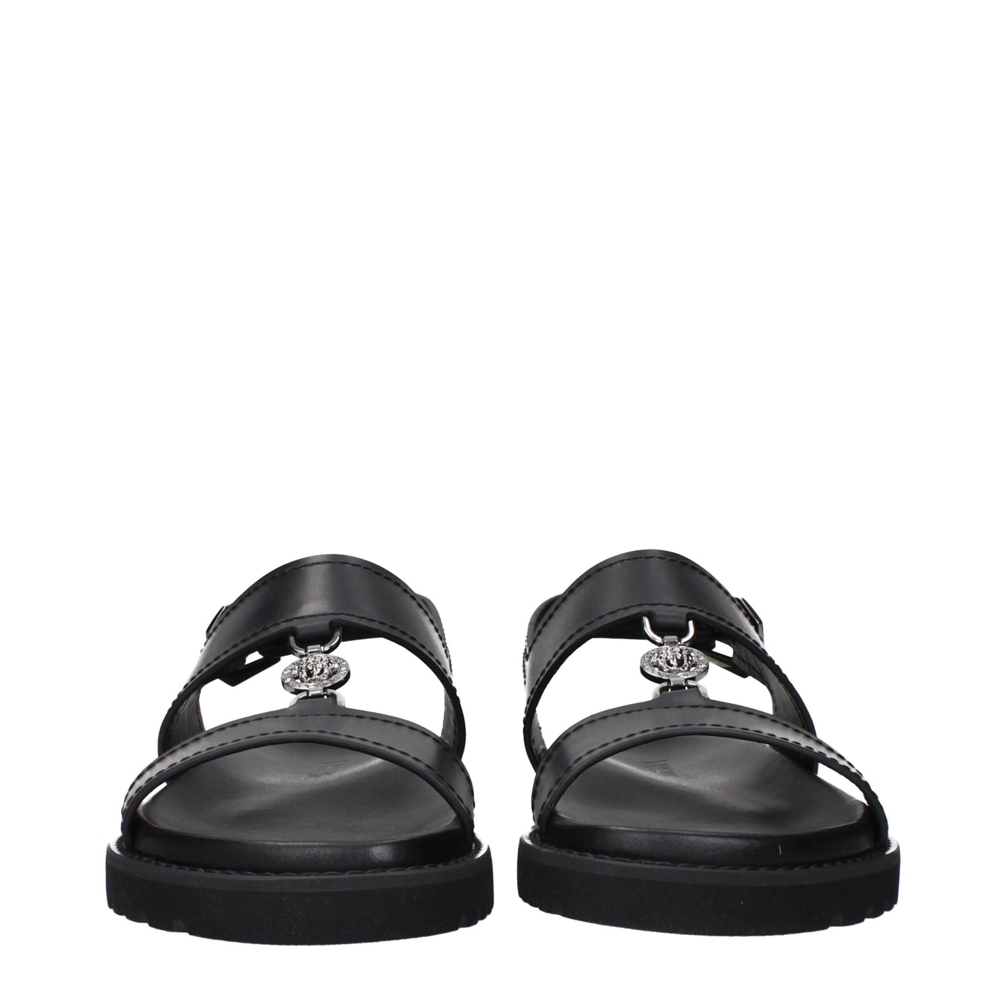 Versace Black Leather Flat Sandals