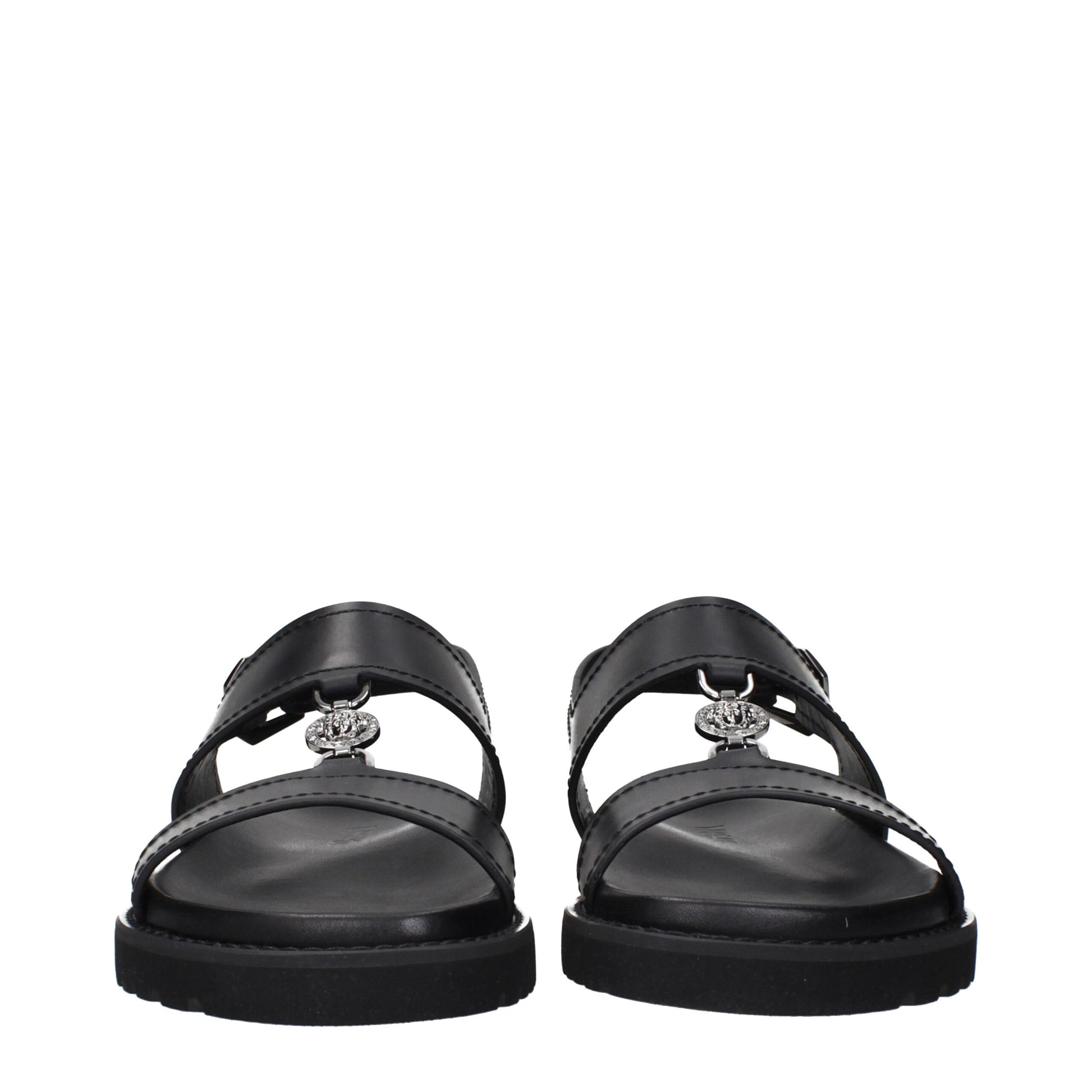 Versace Black Leather Flat Sandals