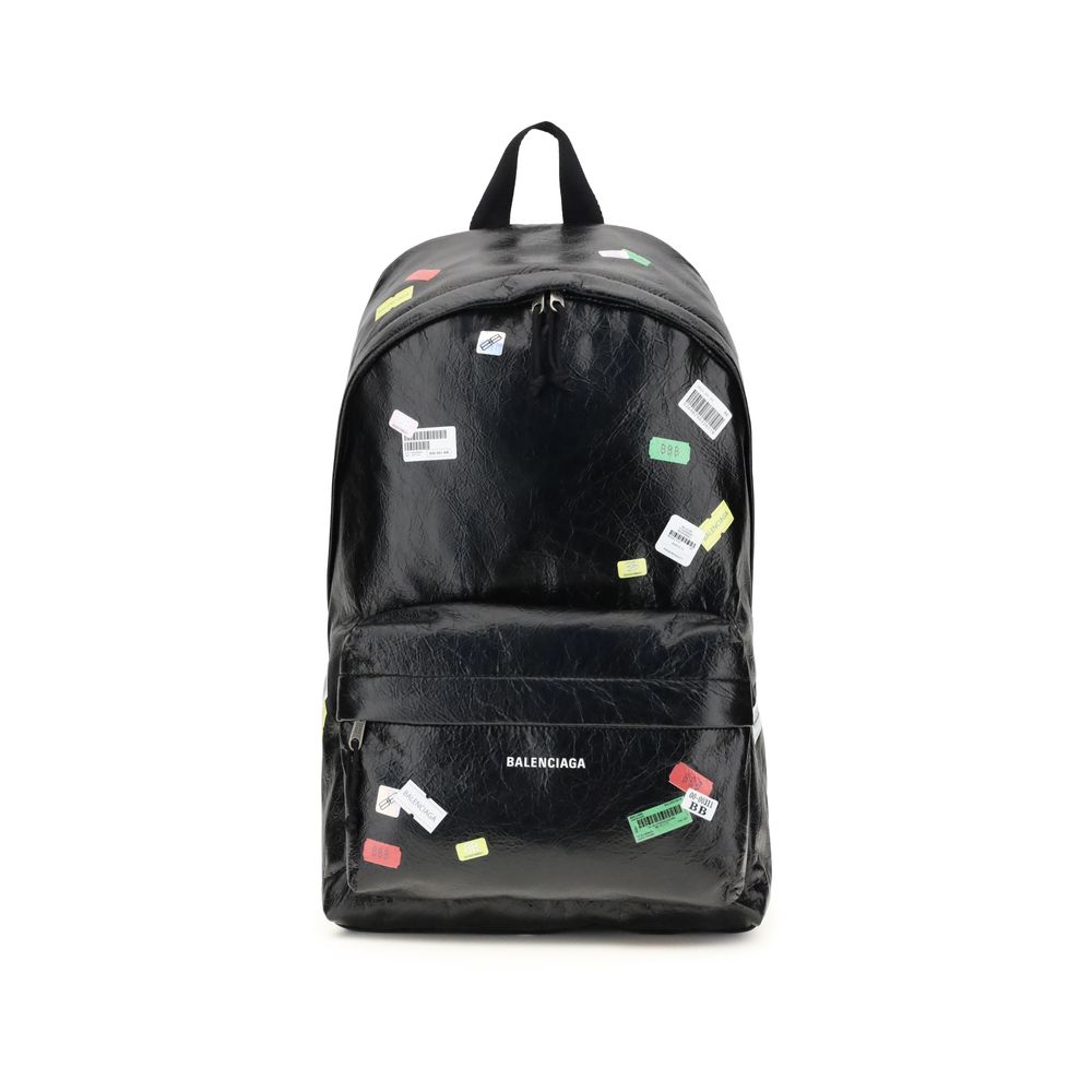 Balenciaga Explorer Rucksack mit aufgedruckten Aufklebern