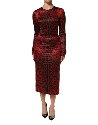 Dolce &amp; Gabbana – Rotes Etuikleid mit langen Ärmeln und Leopardenmuster