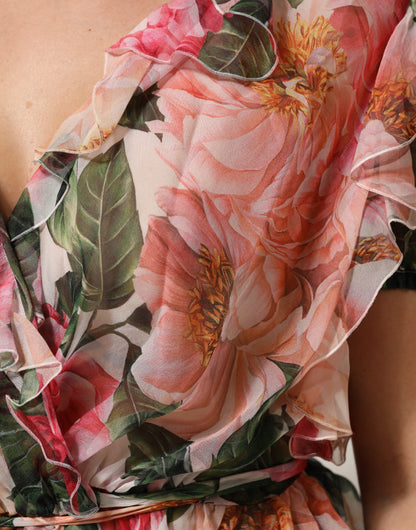 Dolce & Gabbana Pink Camellias Printed Silk V-neck Blouse Top