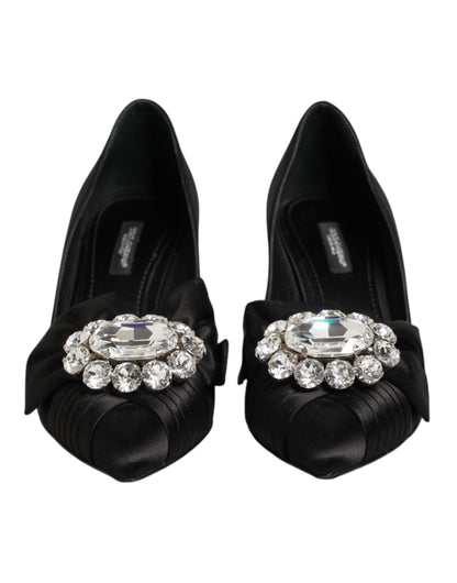 Dolce &amp; Gabbana – Schwarze Pumps aus Satin mit Schleife und Kristallverzierung
