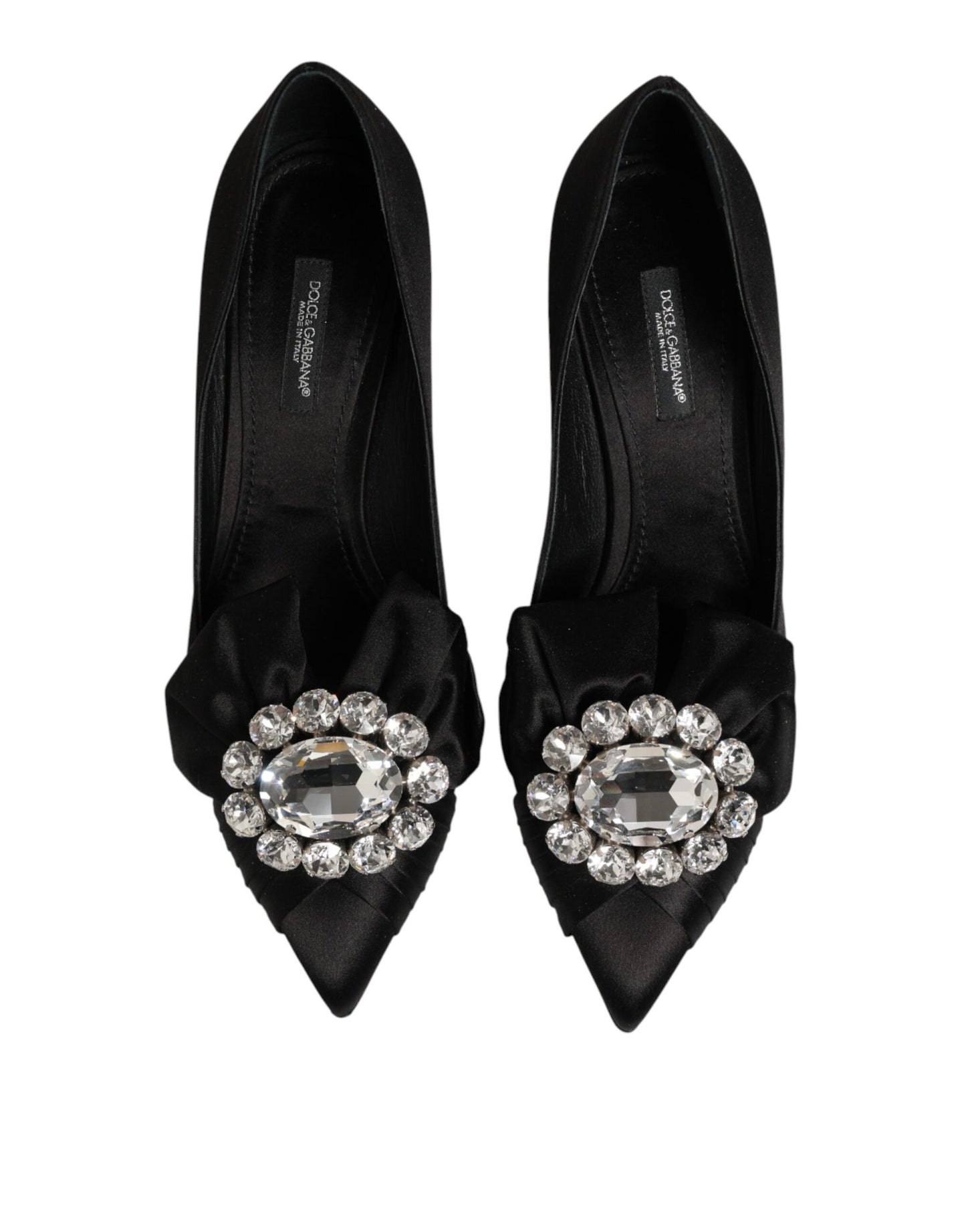 Dolce &amp; Gabbana – Schwarze Pumps aus Satin mit Schleife und Kristallverzierung