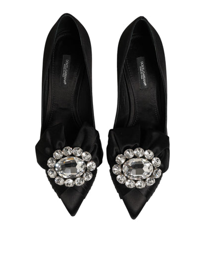 Dolce &amp; Gabbana – Schwarze Pumps aus Satin mit Schleife und Kristallverzierung