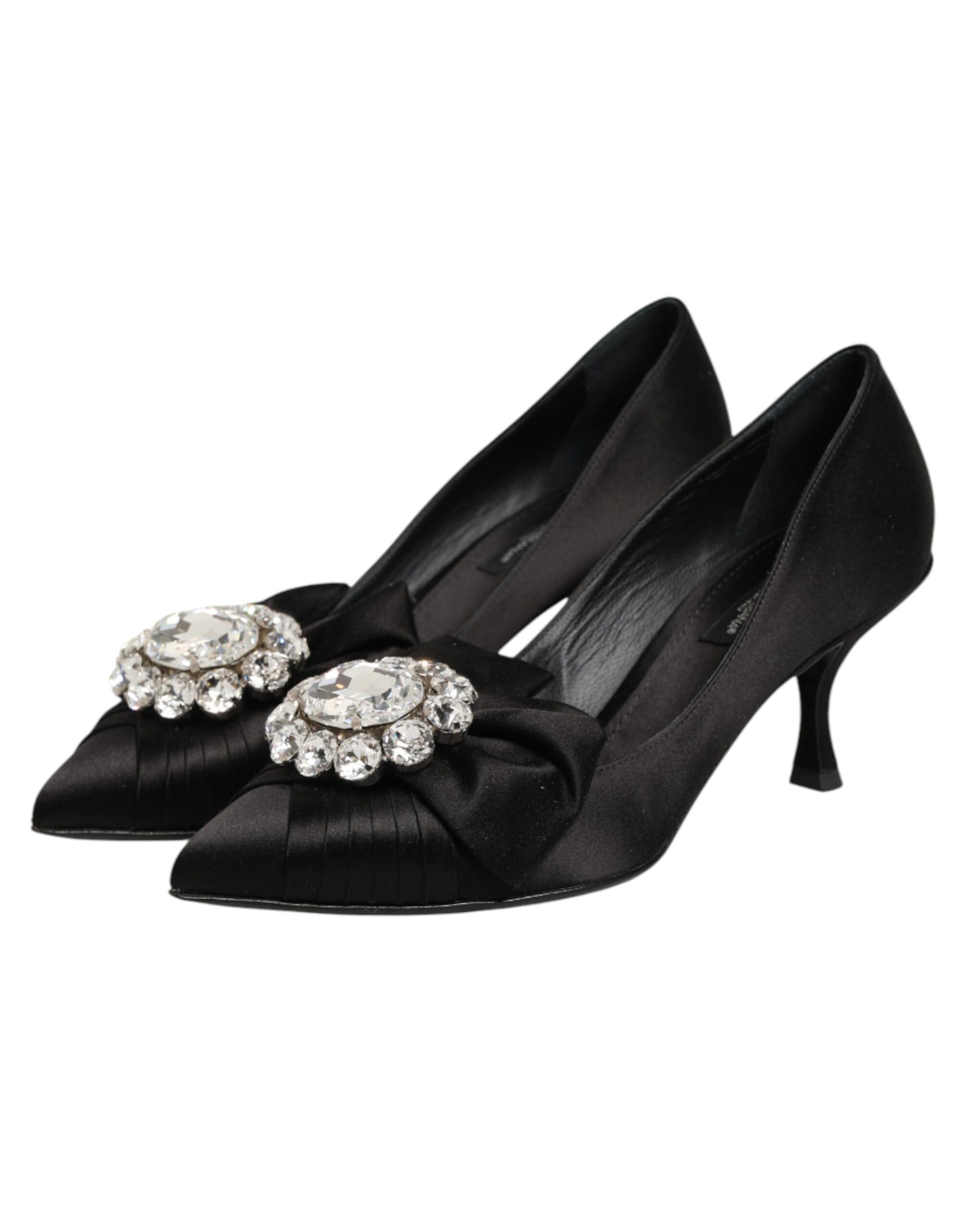 Dolce &amp; Gabbana – Schwarze Pumps aus Satin mit Schleife und Kristallverzierung