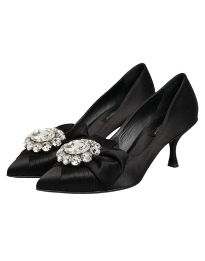Dolce &amp; Gabbana – Schwarze Pumps aus Satin mit Schleife und Kristallverzierung