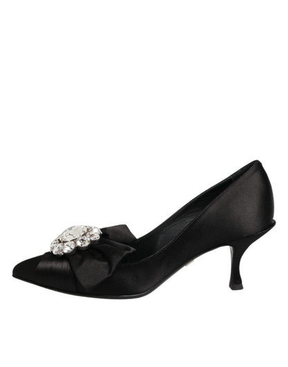 Dolce &amp; Gabbana – Schwarze Pumps aus Satin mit Schleife und Kristallverzierung