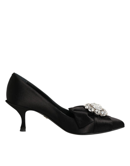 Dolce &amp; Gabbana – Schwarze Pumps aus Satin mit Schleife und Kristallverzierung