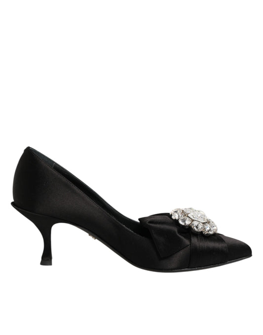 Dolce &amp; Gabbana – Schwarze Pumps aus Satin mit Schleife und Kristallverzierung