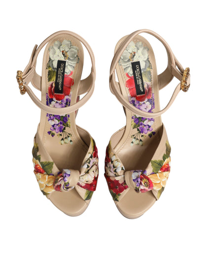 Dolce &amp; Gabbana Beige Floral Knöchelriemen Keil Sandalen Schuhe
