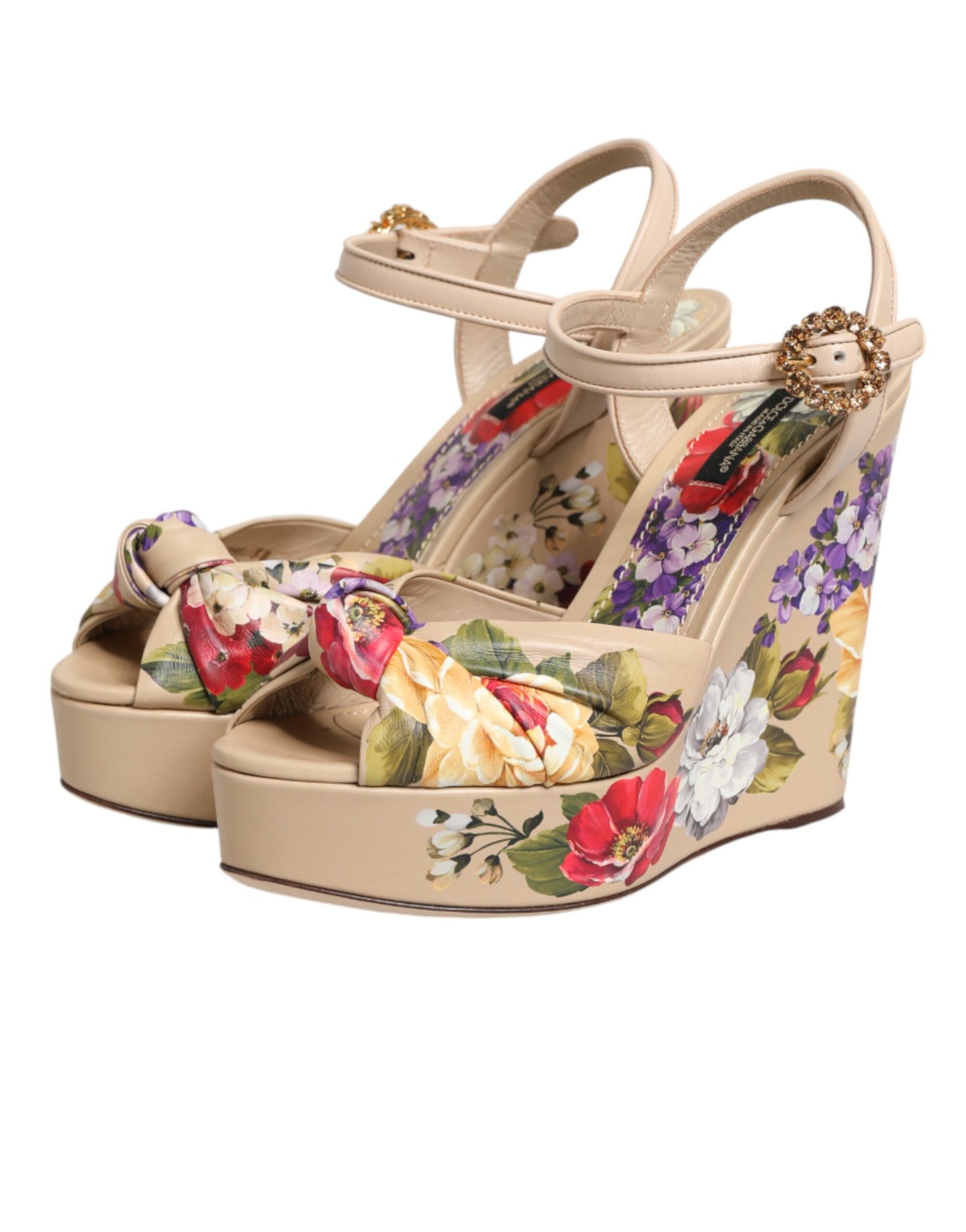 Dolce &amp; Gabbana Beige Floral Knöchelriemen Keil Sandalen Schuhe