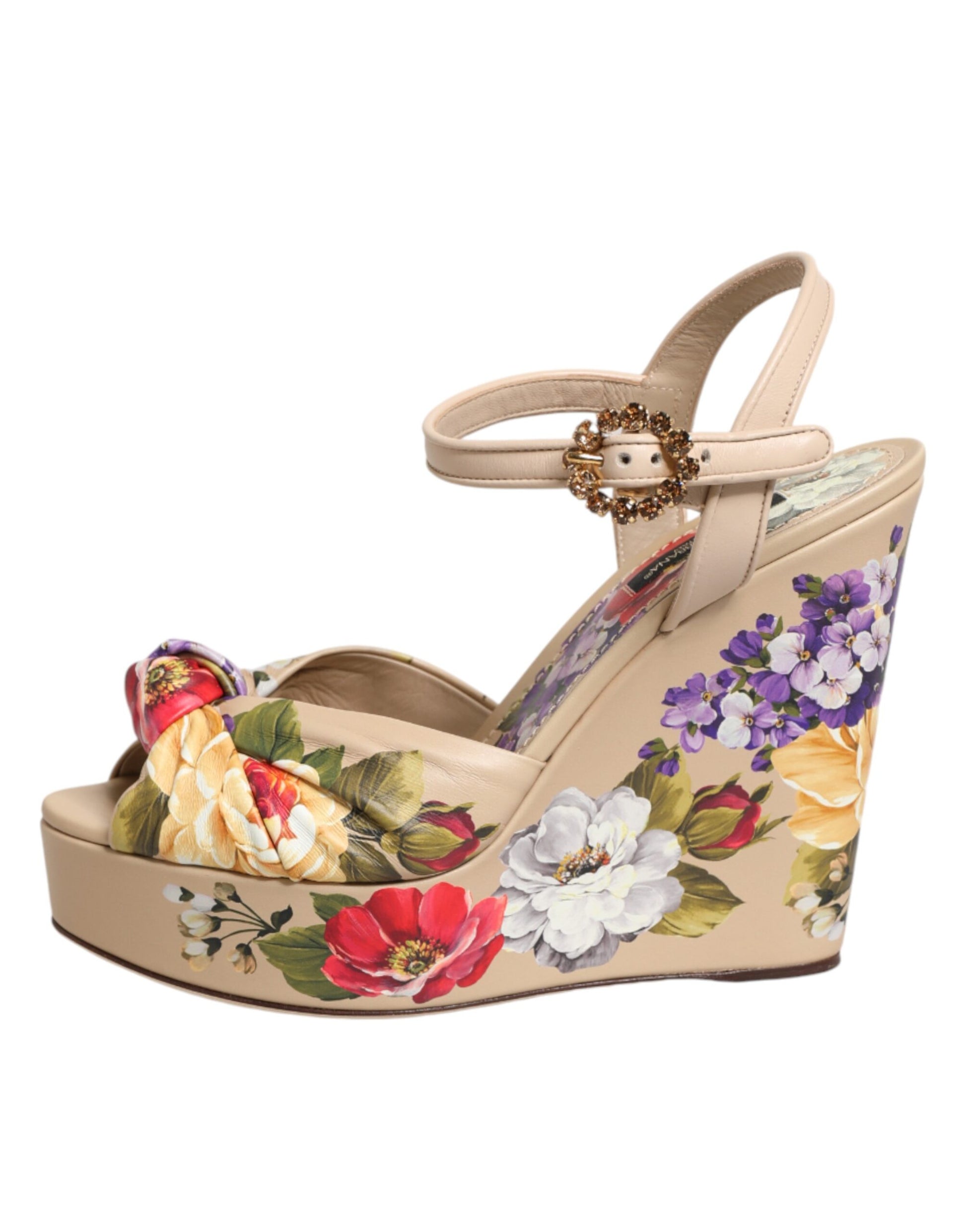 Dolce &amp; Gabbana Beige Floral Knöchelriemen Keil Sandalen Schuhe