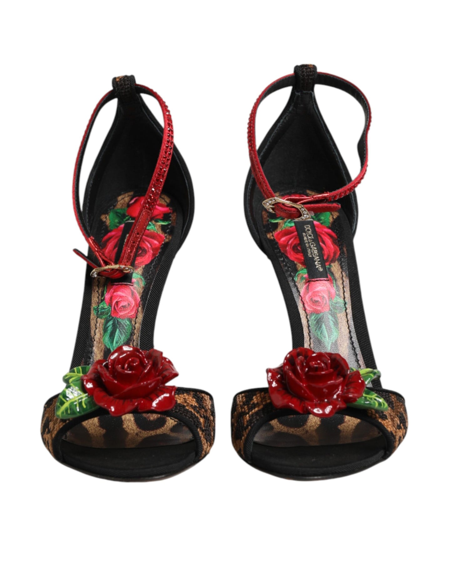 Dolce &amp; Gabbana Braune Sandalen mit Leopardenmuster und Kristallrosen