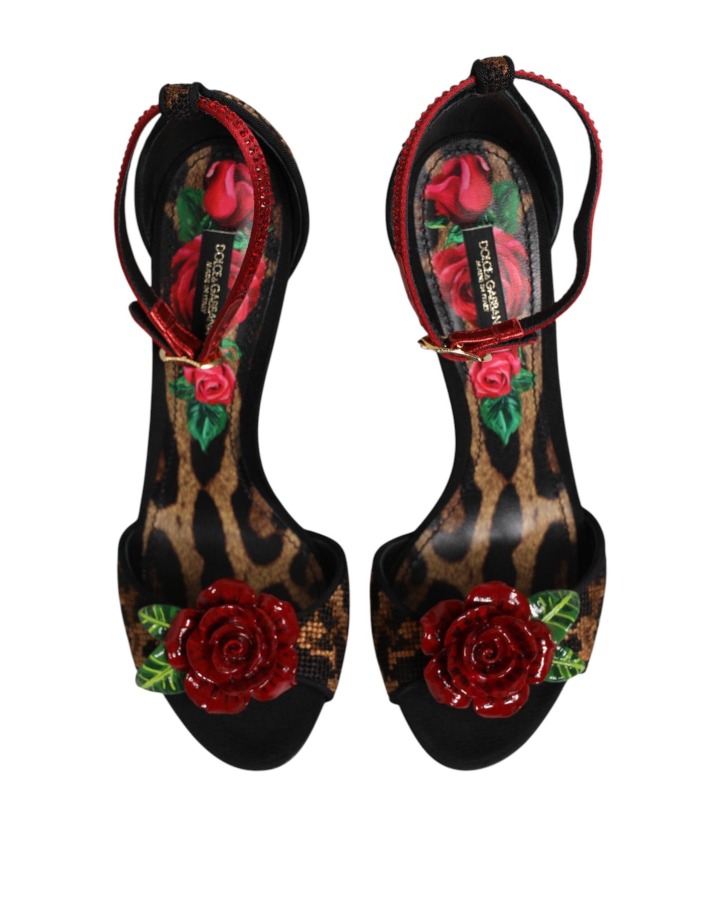 Dolce &amp; Gabbana Braune Sandalen mit Leopardenmuster und Kristallrosen