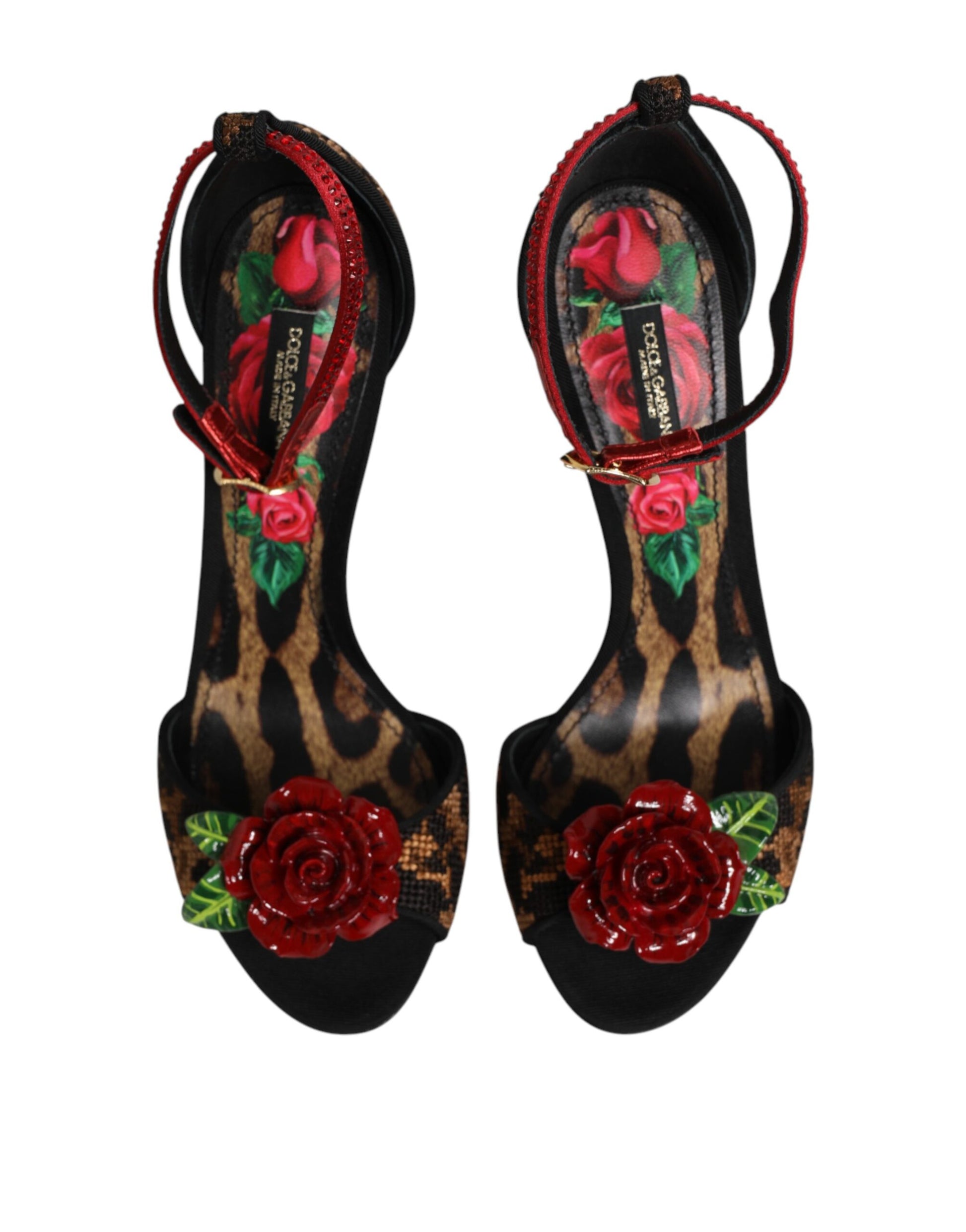 Dolce &amp; Gabbana Braune Sandalen mit Leopardenmuster und Kristallrosen
