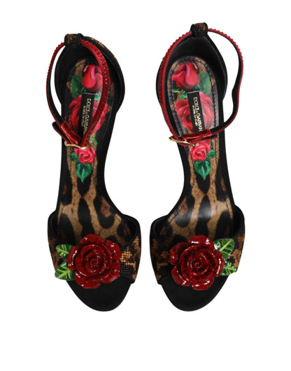 Dolce &amp; Gabbana Braune Sandalen mit Leopardenmuster und Kristallrosen