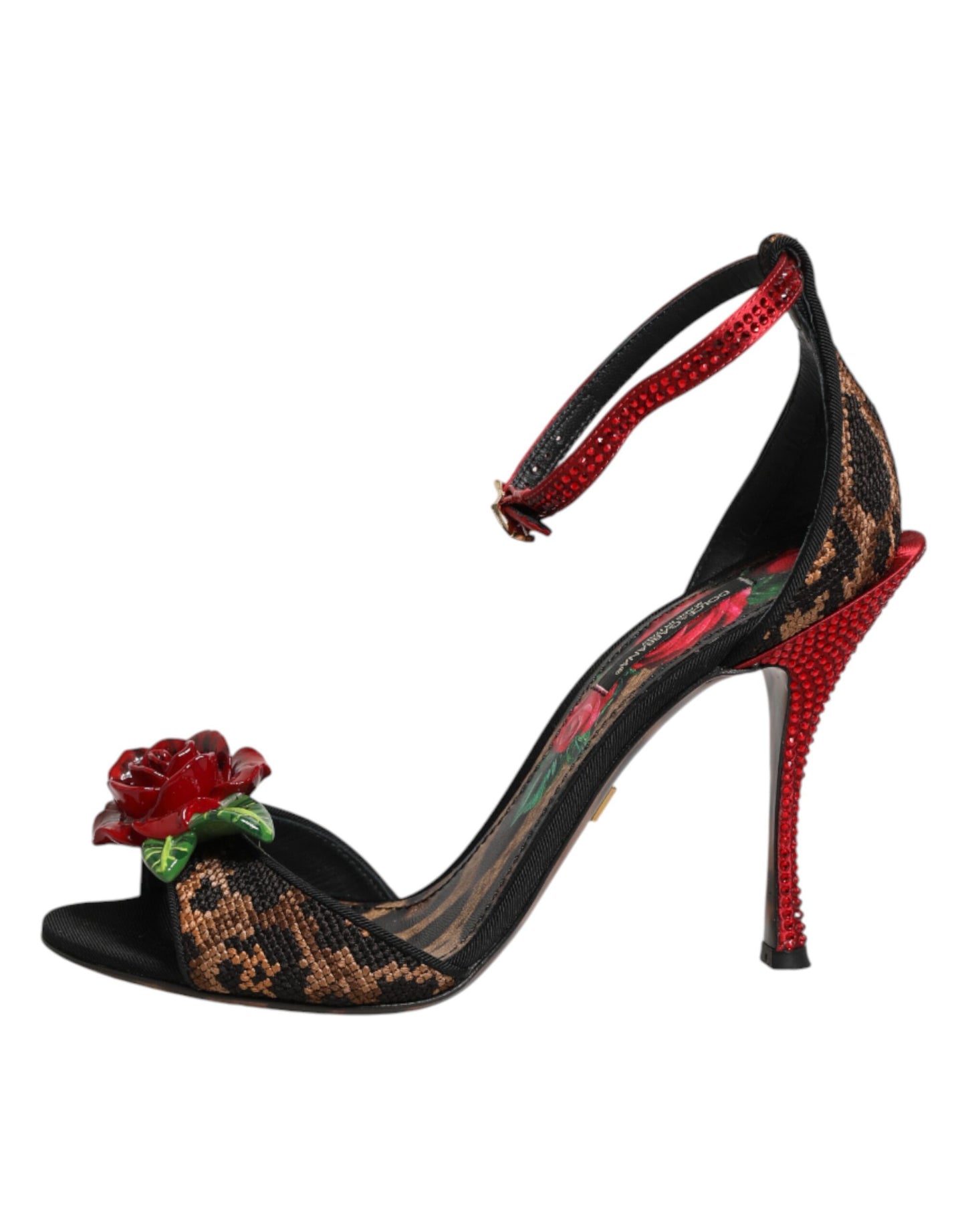 Dolce &amp; Gabbana Braune Sandalen mit Leopardenmuster und Kristallrosen