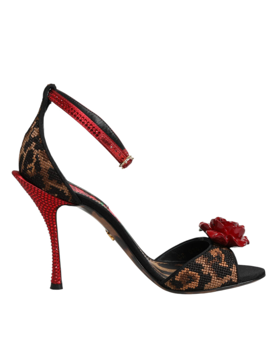 Dolce & Gabbana Braune Sandalen mit Leopardenmuster und Kristallrosen