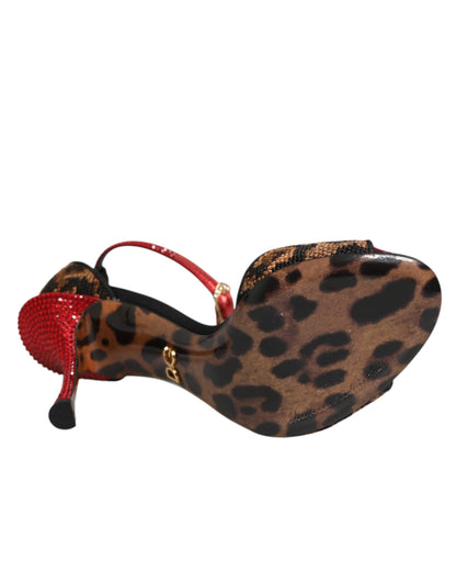 Dolce &amp; Gabbana Braune Sandalen mit Leopardenmuster und Kristallrosen