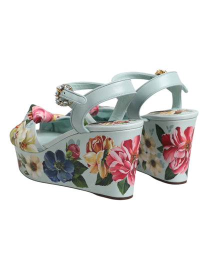 Dolce & Gabbana Green Floral Ankle Strap Wedge Sandals Shoes