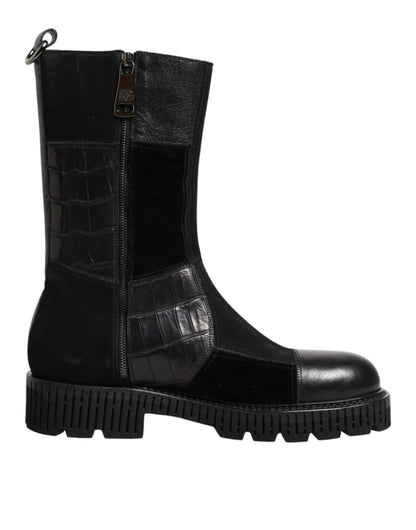 Dolce & Gabbana Black Patchwork Leather Mid Calf Boot  Shoes