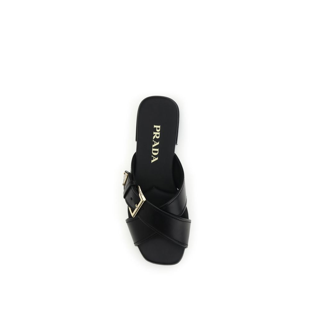 Prada Black Calf Leather Bos Taurus Flat Sandals