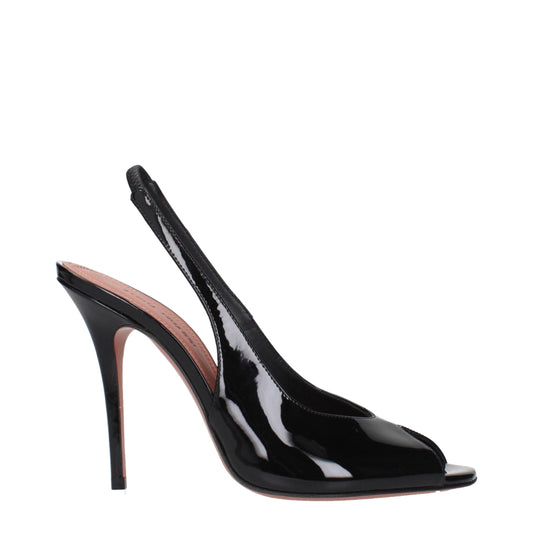 Amina Muaddi Black Leather Stiletto Heel Sandals