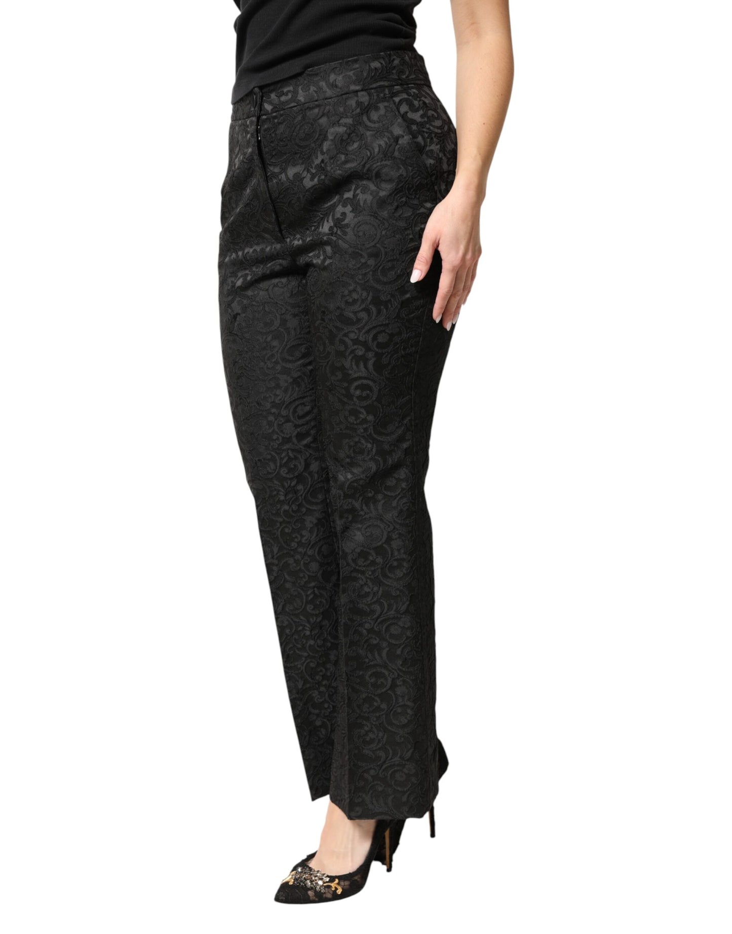 Dolce & Gabbana Black Floral Brocade High Waisted Trouser Pants